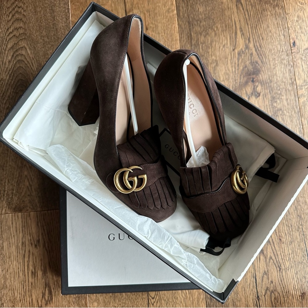 GUCCI Marmont Brown Suede Fringe Block Heel 38 EU/US 8 Cocoa/Brown NEW NWT